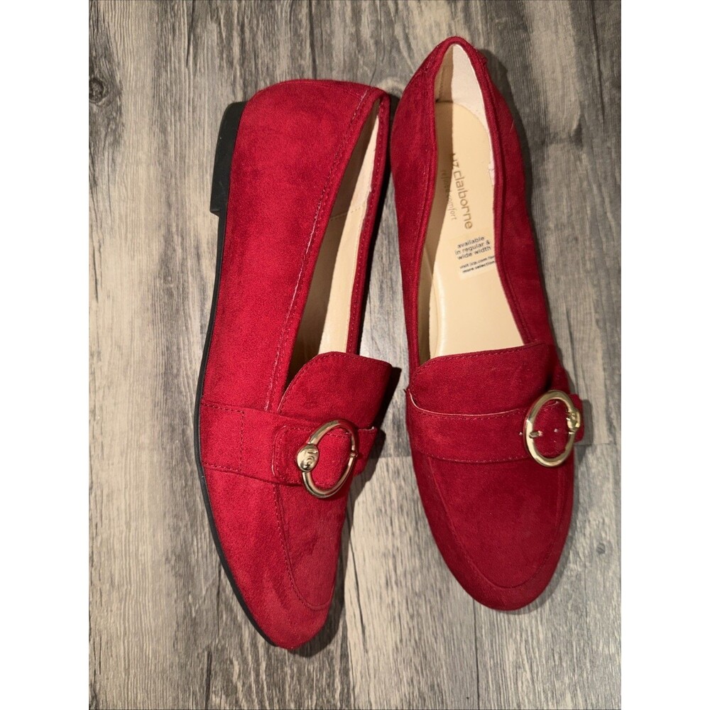 Liz Claiborne Remy Loafers 8W Red Suede Gold Hardware Flat Shoes - Picture 2 of 7